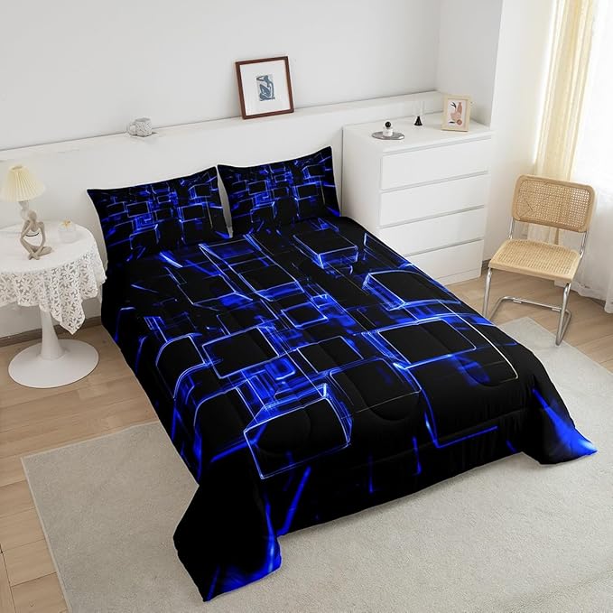Erosebridal Honeycomb Blue and Black Kids Comforter Set, Modern Geometric Square Bedding for Boys Girls Gradient Neon Light Abstract Duvet Set King 3 Pieces