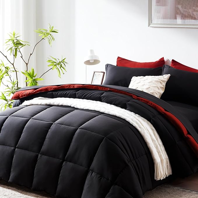 COZYART Full Comforter Set 7 Pcs, Black and Red Bed in a Bag, All Season Lightweight Soft Reversible Bedding Sets, 1 Comforter, 1 Flat Sheet, 1 Fitted Sheet, 2 Pillow Shams, 2 Pillowcases