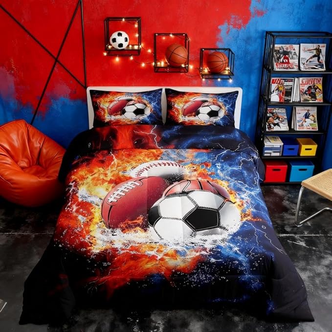 Feelyou Sports Comforter Set for Boys Comforter Set King Size Football Baseball Bedding Set for Kids Ultra Soft Ball Games Bedroom Decor with 3D Soccer, Basketball Design