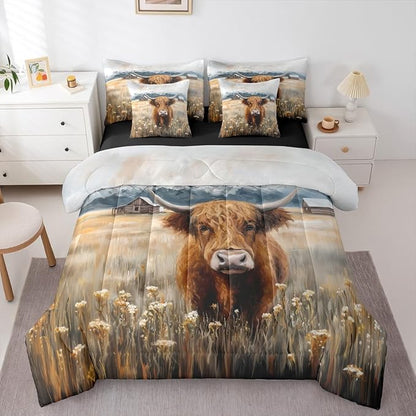 Erosebridal Brown Cow Print Twin Bedding Set - Western Highland Bull Bed in A Bag,Rustic Flowers Floral Decor Comforter Sets with Sheets, Farmhouse Country Style 7 Pieces Bed Set Bedroom Decor