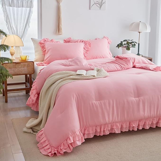 Pink Ruffle Comforter Set Full/Queen Size, 3 Pieces (1 Ruffled Comforter and 2 Pillowcases) Farmhouse Shabby Chic Style with 2 Layers Ruffle, Solid Color Lightweight Fluffy Bedding Sets for All Season