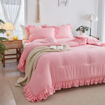 Pink Ruffle Comforter Set Full/Queen Size, 3 Pieces (1 Ruffled Comforter and 2 Pillowcases) Farmhouse Shabby Chic Style with 2 Layers Ruffle, Solid Color Lightweight Fluffy Bedding Sets for All Season