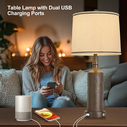 AIDENOEY 27.5" H 3-Way Dimmable Touch Control Table Lamp Set of 2，Vintage Bedside Lamp Nightstand Lamps with USB A+C Ports, Black Brown Finish Resin Table Lamp, for Living Room,Bedroom，Office