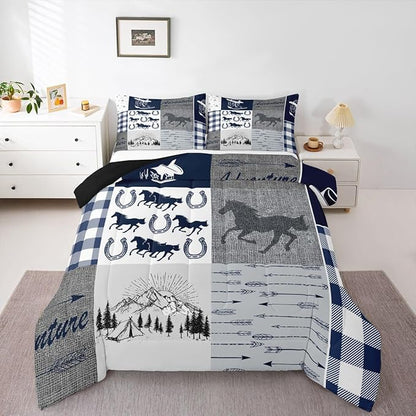 Erosebridal Western Horse Bedding Set Queen, Southwestern Horseshoe Comforter Set for Boys Teens Adult Bedroom Decor, Vintage Riding Boots Quilt Rustic Adventure Duvet Insert with 2 Pillow Cases