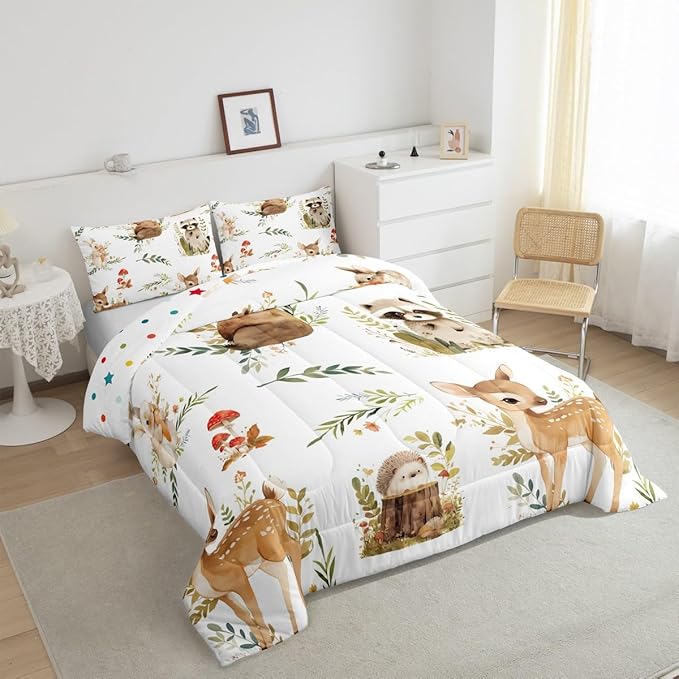 Erosebridal Kids Cute Deer Toddler Size Bedding Set, Woodland Animal Down Comforter Rabbit Hedgehog Comforter Set for Boys Teens Girls Room, Mushroom Branches Rustic Quilt, Soft Microfiber