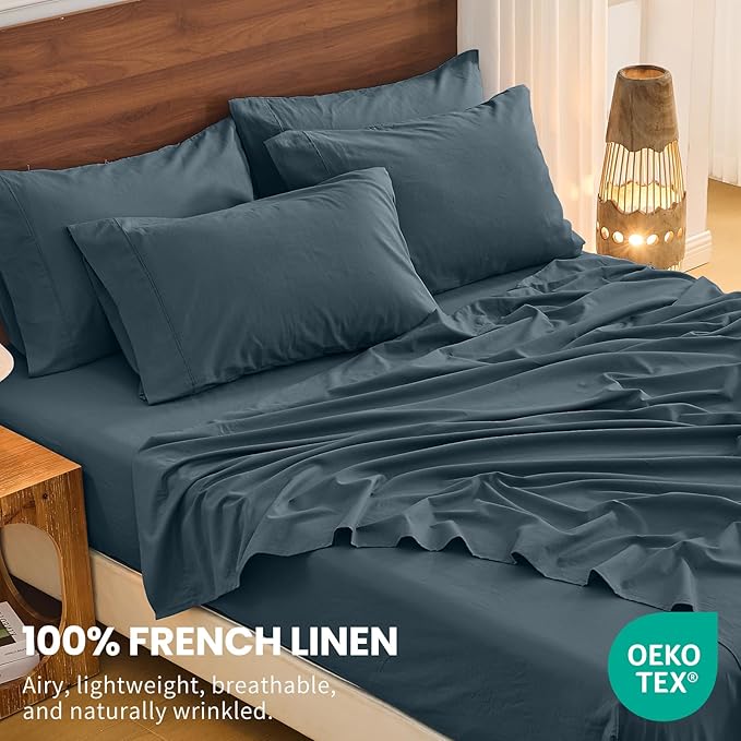 Bedlifes 100% French Flax Linen Sheets Set King Size - 6 Piece Extra Deep Pocket 18-24",Soft Breathable King Bed Sheets with Temperature Regulating & Moisture-Wicking(Cool Gray