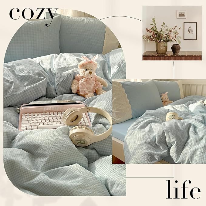 mixinni Light Blue Gingham Comforter Set Full - 3 Piece Soft Washed Microfiber Plaid Bedding Set with Lace Trim, All Seasons Fluffy Comforter & Pillowcases, Farmhouse French Country Aesthetic