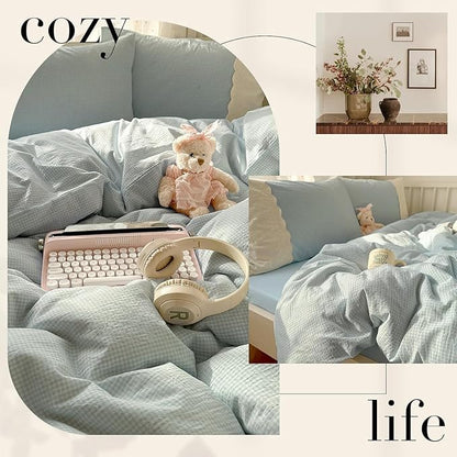 mixinni Light Blue Gingham Comforter Set King - 3 Piece Soft Washed Microfiber Plaid Bedding Set with Lace Trim, All Seasons Fluffy Comforter & Pillowcases, Farmhouse French Country Aesthetic
