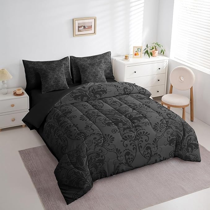 Erosebridal Gothic Damask Bed in a Bag King Size Comforter Set 7 Pieces,Exotic Moth Bedding Sets Black Grey Victorian Floral Goth Sheet Set with Comforter