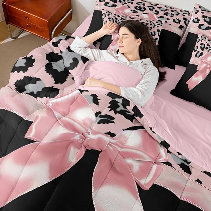 Feelyou Pink Silk Bowknot 7 Piece Bedding Set Twin Size Grey Leopard Comforter Set with Sheets for Kids Girls Women Black Pink Bed in a Bag Sweet Romantic Bed Set