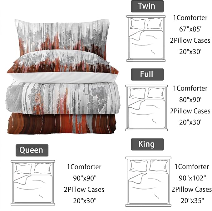 Burnt Orange White Gradient Print Comforter Set King Size,Abstract Art Bedding Set,Patchwork Printed Quilted Set for Teens Adult,with 1 Comforter and 2 Pillow Case