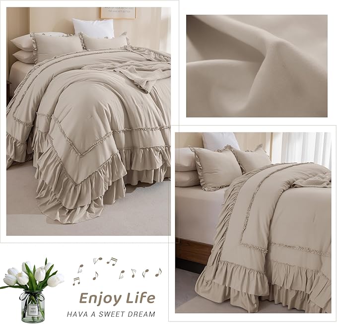 Sanracie Oversized King Comforter Set 128" x 120", Cotton Boho Shabby Vintage Ruffled Comforter Sets Linen Feel Comfortable Breathable French Country Bedding Set 3Pcs for All Season