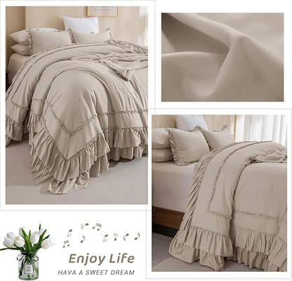 Sanracie Oversized King Comforter Set 128" x 120", Cotton Boho Shabby Vintage Ruffled Comforter Sets Linen Feel Comfortable Breathable French Country Bedding Set 3Pcs for All Season