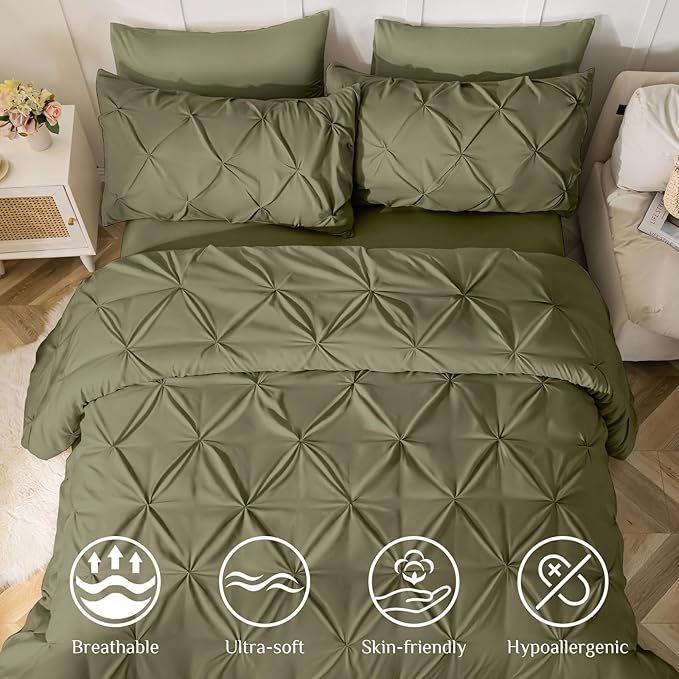 JOLLYVOGUE Full Size Comforter Sets 7 Pieces - Bed in a Bag Full for All Season, Pintuck Bedding Comforter Sets with Comforter, Flat Sheet, Fitted Sheet and Pillowcases & Shams, Olive Green