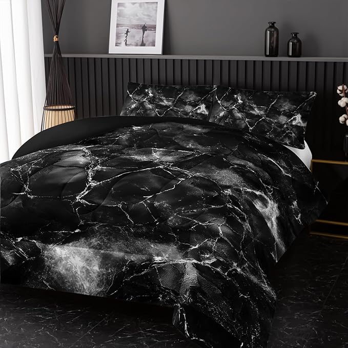Black and White Comforter Set King Size，Black and White Marble Bedding Set 3 Pcs Bedding for Adults, Marble Room Decor with Comforter and 2 Pillowcases Soft and Lightweight
