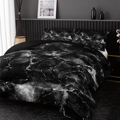 Black and White Comforter Set Twin Size，Black and White Marble Bedding Set 3 Pcs Bedding for Adults, Marble Room Decor with Comforter and 2 Pillowcases Soft and Lightweight