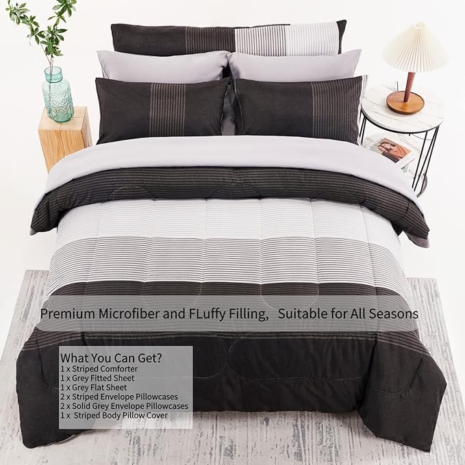 RYNGHIPY 8Pcs Revsible Grey Black Striped Down Alternative Comforter Bedding Collections, Lightweight All Season Striped Bedding Comforters Sets for Queen Bed (Queen,Grey Black)