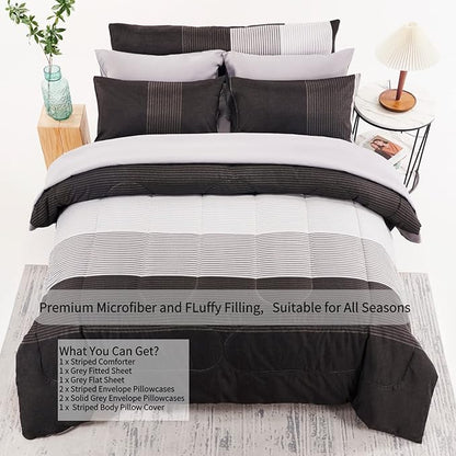 RYNGHIPY 8Pcs Revsible Grey Black Striped Down Alternative Comforter Bedding Collections, Lightweight All Season Striped Bedding Comforters Sets for Queen Bed (Queen,Grey Black)