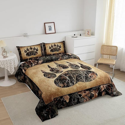 Erosebridal Rustic Farmhouse Bedding Sets Twin Camo Bear Paw Comforter Set Woodland Hunting Camouflage Animal Bedding Comforter Sets for Kids Boys Adults Men,Retro Cabin Wildlife Quilt Set
