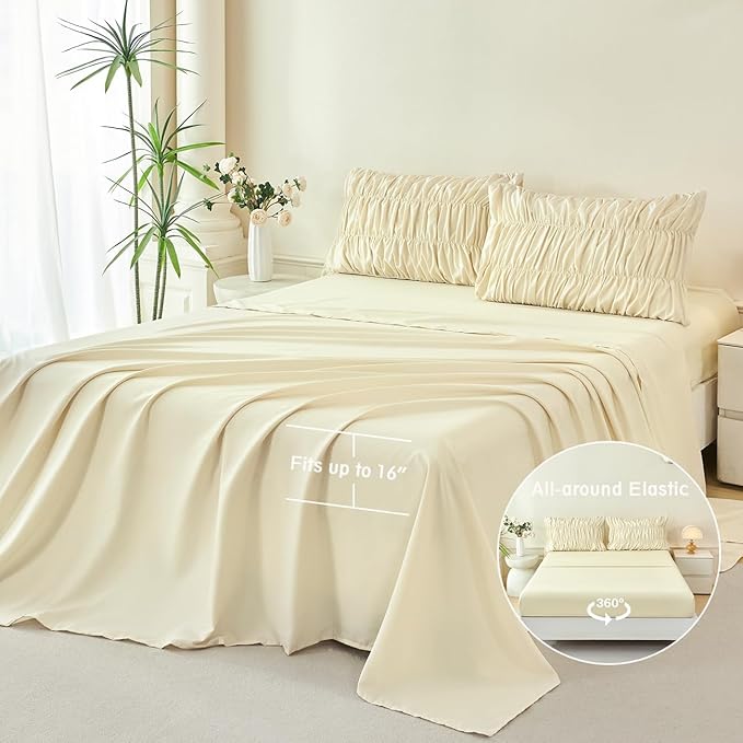 PERFEMET Beige Ruched Comforter Set King Size, 5 Pieces Boho Ruffle Bed in a Bag with Sheets, Soft Fluffy Pleated Texture Bedding Set All Season Lightweight Shabby Chic Bed Set(Beige, King)