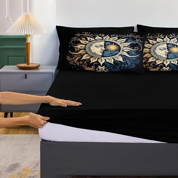 Sun and Moon Comforter Set Black Boho Bedding Set Celestial Galaxy Starry Space Bedding Comforter Mandala Exotic Black Bed in A Bag Full Size