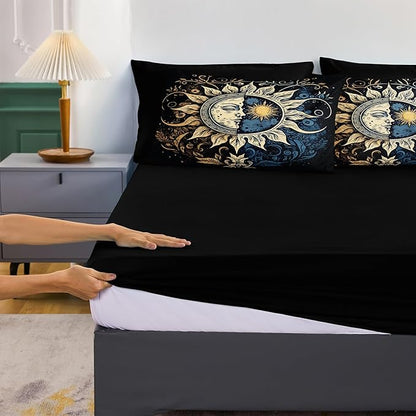 Sun and Moon Comforter Set Black Boho Bedding Set Celestial Galaxy Starry Space Bedding Comforter Mandala Exotic Black Bed in A Bag Full Size