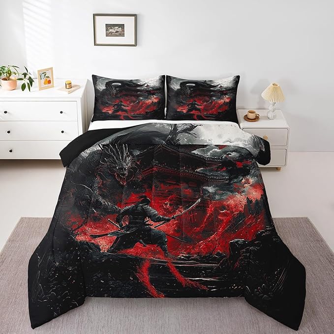 Feelyou Dragon Comforter Set Queen Size Japanese Style Comforter for Boys Girls Teens Samurai Bedding Set Dragon Decor Duvet Set Room Decor Black Red Quilt Set