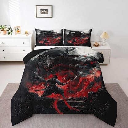 Feelyou Dragon Comforter Set King Size Japanese Style Comforter for Boys Girls Teens Samurai Bedding Set Dragon Decor Duvet Set Room Decor Black Red Quilt Set