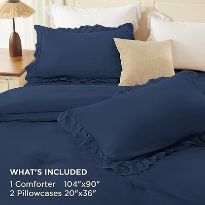 Andency Navy Blue King Comforter Set (104x90Inch), 3 Pieces Ruffle Comforter Set with 2 Pillowcases, Farmhouse Shabby Chic Lightweight Fluffy Soft Microfiber All Season Bed Set