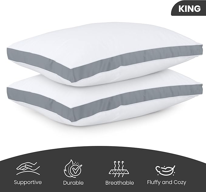 Utopia Bedding Bed Pillows for Sleeping King Size (Grey), Set of 2, Soft & Fluffy Pillow with Down Alternative Filling, Cooling, Hotel Quality, Gusseted Pillow for Back, Stomach or Side Sleepers