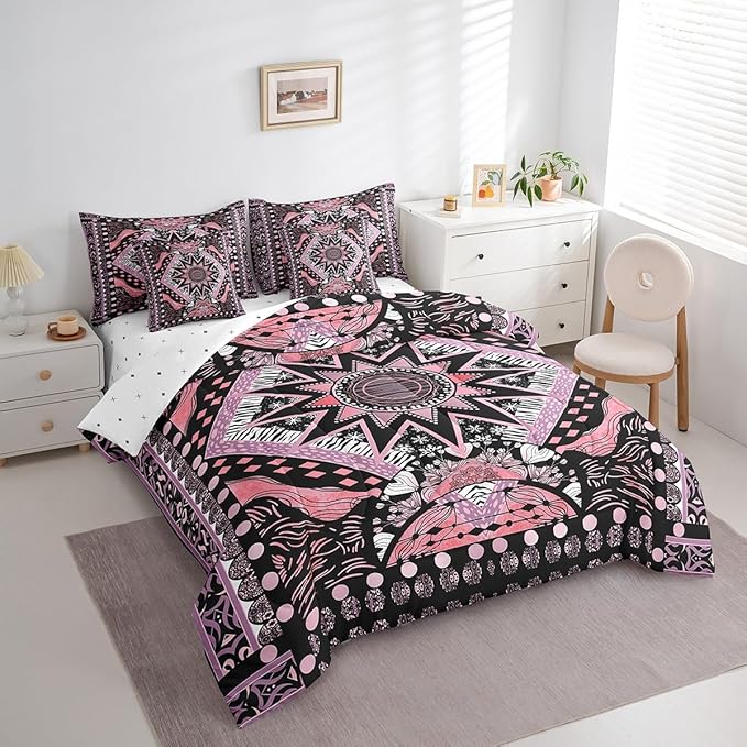 Feelyou Sun Moon Bed in a Bag with Comforter, Twin Size 7Pcs Boho Exotic Bedding Set with Comforter, Pink Bohemian Galaxy Comforter Women Men Teens Ultra Soft Decor Astrology Space Room Decor