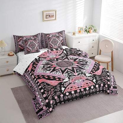 Feelyou Sun Moon Bed in a Bag with Comforter, Twin Size 7Pcs Boho Exotic Bedding Set with Comforter, Pink Bohemian Galaxy Comforter Women Men Teens Ultra Soft Decor Astrology Space Room Decor