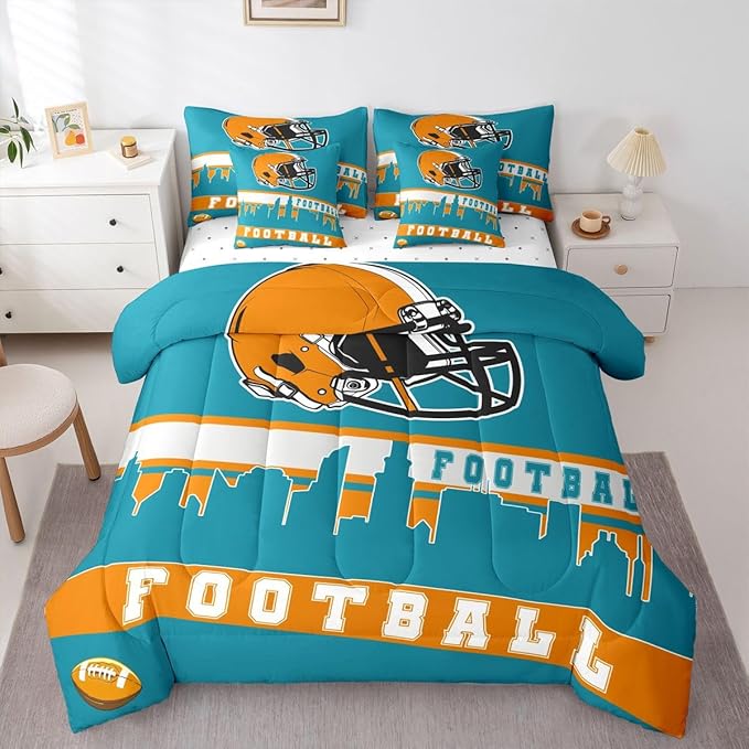 Erosebridal Football 7 Pcs Comforter Set King Football City Bedding for Boys Girls Teal Football Fans Sheet Set Bed in A Bag Rugby Game Bedroom Decor Sports Ball Competition Bed Set