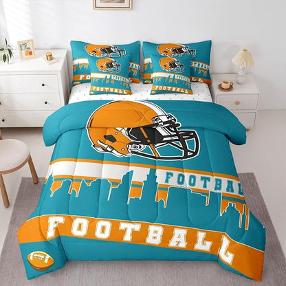 Erosebridal Football 7 Pcs Comforter Set Twin Football City Bedding for Boys Girls Teal Football Fans Sheet Set Bed in A Bag Rugby Game Bedroom Decor Sports Ball Competition Bed Set
