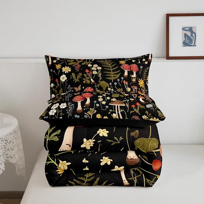 Feelyou Mushroom Comforter Set King Size Boho Comforter Western Decor Bedding Set Southwest Native American Design Duvet Set Room Decor Bronze Black Quilt Set