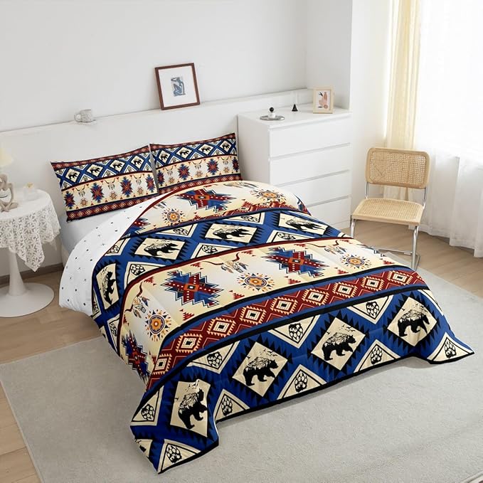 Erosebridal Black Bear Bedding Sets Exotic Bull Skull Western Comforter Set Queen,Ethnic Tribe Arrow Aztec Quilt Indian Tribal Geometric Diamond Triangle Duvet Insert,Bohemian Western Decor,Red Blue