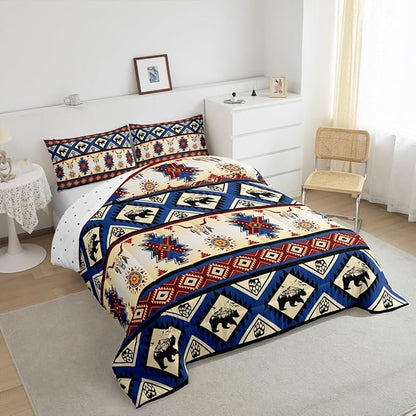 Erosebridal Black Bear Bedding Sets Exotic Bull Skull Western Comforter Set Queen,Ethnic Tribe Arrow Aztec Quilt Indian Tribal Geometric Diamond Triangle Duvet Insert,Bohemian Western Decor,Red Blue
