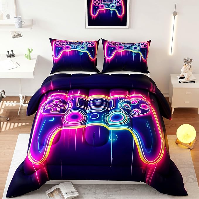 Gamer Comforter Set, Galaxy 3D Pattern for Kids Teens Adults,Decorative Bedding Comforter Sets with 2 Pillow Shams, Queen Size