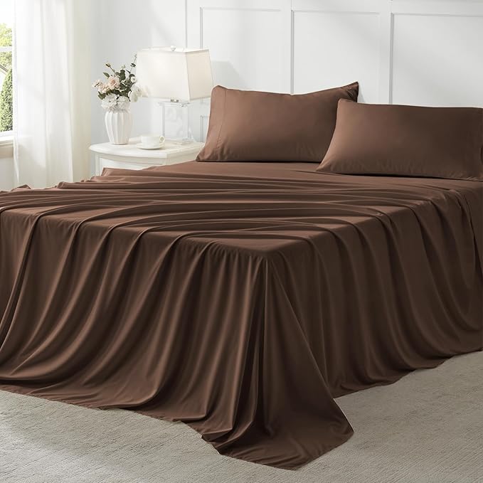 Anluoer Queen Comforter Set 7 Piece, Brown Bed in a Bag with Comforters, Pillow Shams, Pillowcases, Flat Sheet, Fitted Sheet