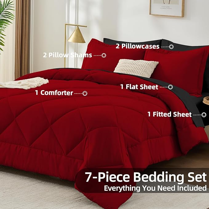 FUANNA 7 Pieces King Size Comforter Set, All Season Bed in a Bag King Size, Luxury Soft Bedding Sets with Comforter, Flat Sheet, Fitted Sheet, Pillowcases & Pillow Shams, Red & Black