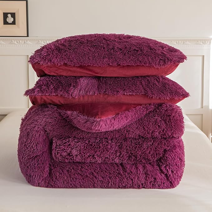 chovy Faux Fur Plush Grape Purple Comforter Sets King - Ultra Soft Shaggy Flannel Velvet Fluffy Fuzzy 3PC Bedding Set （Comforter x 1 Pillowcases x 2）
