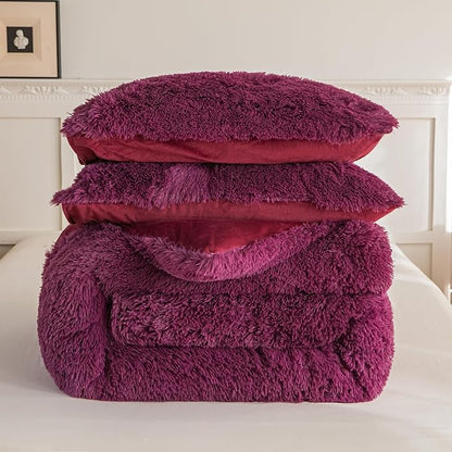 chovy Faux Fur Plush Grape Purple Comforter Sets King - Ultra Soft Shaggy Flannel Velvet Fluffy Fuzzy 3PC Bedding Set （Comforter x 1 Pillowcases x 2）