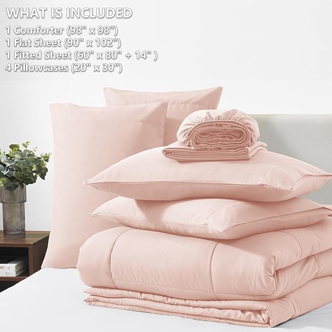 CozyLux Oversized Queen Comforter Sets Blush Pink, 7 Pieces Bed in a Bag, Ultra-Soft All Season Bedding Sets with Stitch Quilted Comforter, Flat Sheet, Fitted Sheet, Pillowcases, Blush Pink