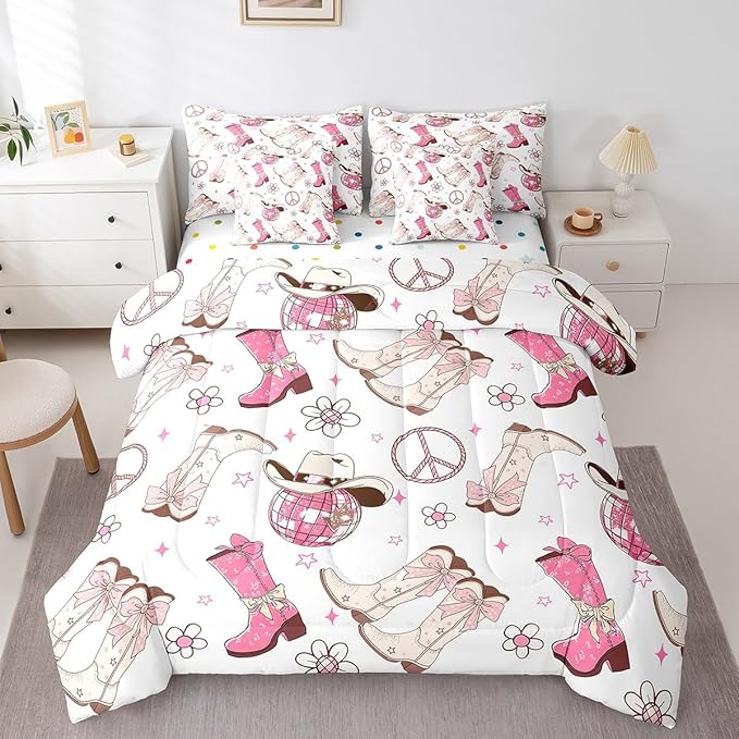 Feelyou Western Cowboy Comforter Set with Sheets Twin Size Kids Pink West Cowgirl 7 Pieces Bedding Set for Boys Girls Teens Rodeo Horseshoe Bed in a Bag Grunge Design Bed Set Floral Lamp Ball
