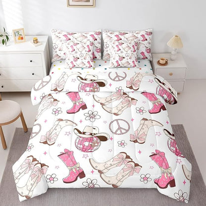Feelyou Western Cowboy Comforter Set with Sheets King Size Kids Pink West Cowgirl 7 Pieces Bedding Set for Boys Girls Teens Rodeo Horseshoe Bed in a Bag Grunge Design Bed Set Floral Lamp Ball
