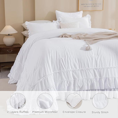 QSH 3PCs Bright White Ruffled Oversized King Comforter 120x120,Shabby Boho Chic Farmhouse Ruffle Bed Comforter Set California King Comforter Ultra Soft Microfiber Lightweight Fluffy Bedding