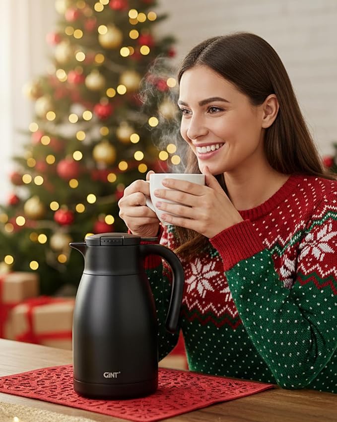 GiNT 51Oz Stainless Steel Thermal Coffee Carafe with Lid/Double Walled Vacuum Thermal Carafe / 12 Hour Heat Retention (Black, 1.5L)