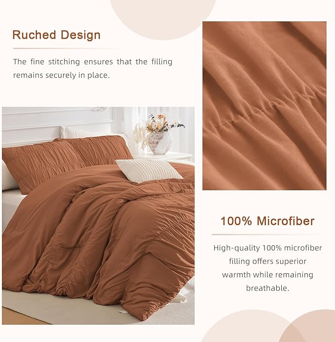 Masaca 120x120 Oversized Comforter King Size,Ruched Pumpkin California King Bed Comforter Set Modern Style Shabby Boho Chic Rustic Farmhouse Microfiber Bedroom Bedding Set 3PCS