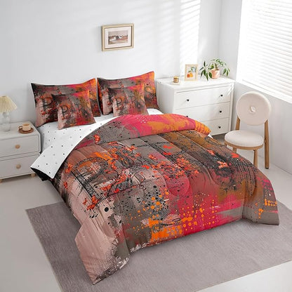 Erosebridal Paris Print Bedding Comforter Sets 7 Pieces Brown Red Bedding Set, Abstract Full Size Comforter Set (1 Comforter, 1 Fitted Sheet, 1 Flag Sheet, 2 Pillowcases, 2 Throw Pillow Covers)