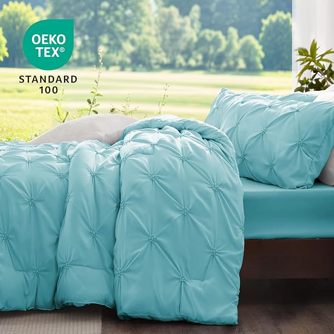 BEDELITE Macaron Blue Twin Comforter Set - 2 Peices Boho Pintuck Bedding Comforter Sets, Lightweight Soft & Warm Twin Bedding Sets with 1 Pillowcase for All Season